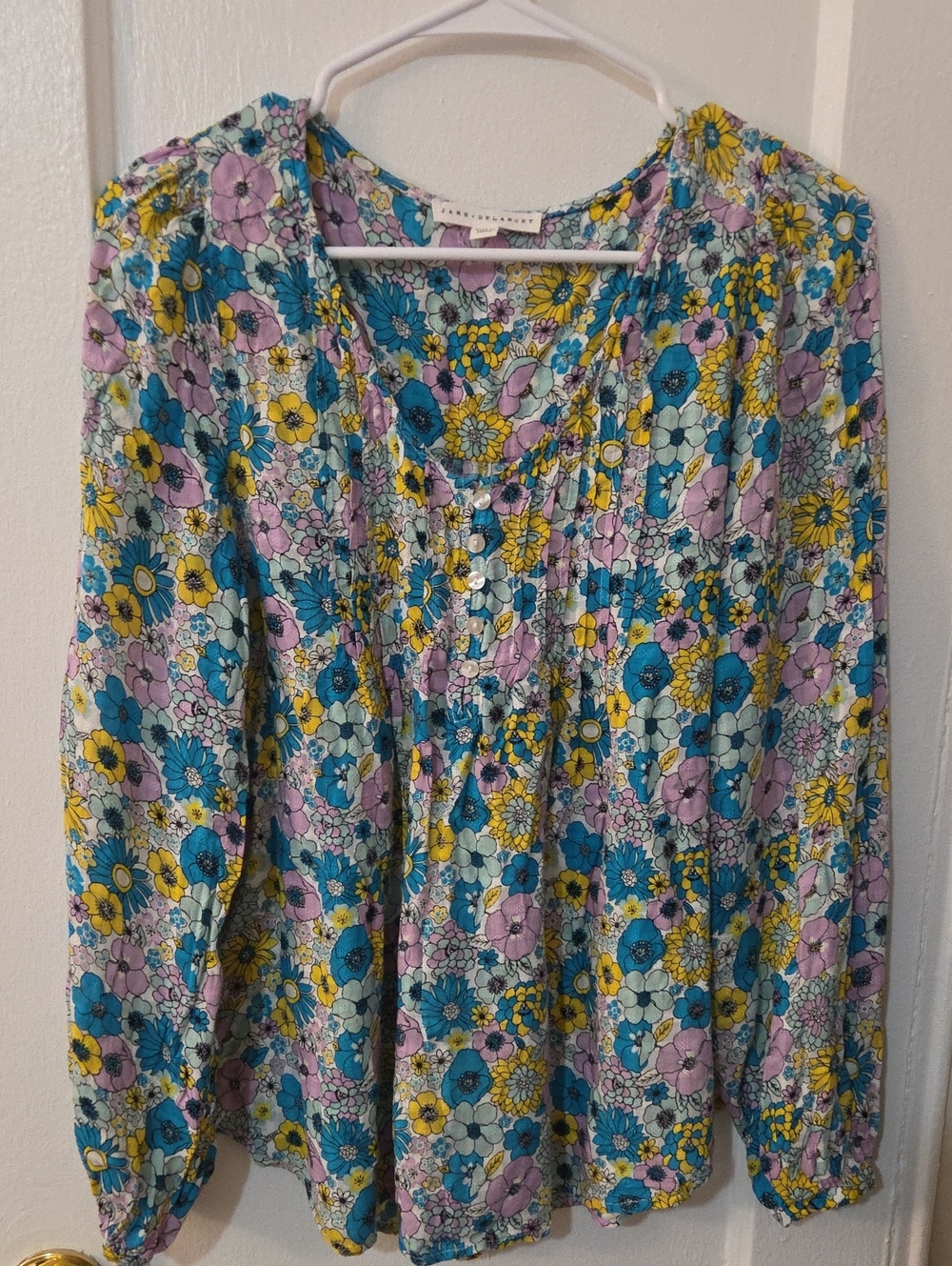 Jane+Delancey Floral Scoop-Neck Blouse in Blue, Yellow & Lavender Medium
